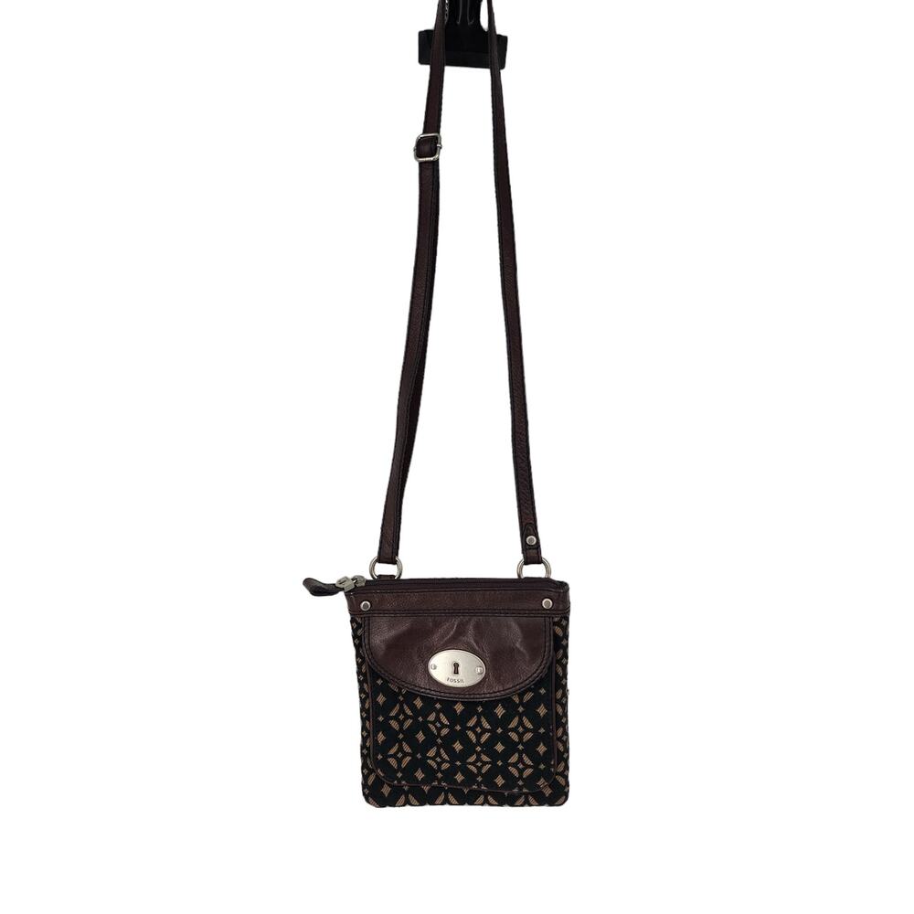 Fossil Leather Tapestry Brown and Black Crossbody Handbag Purse